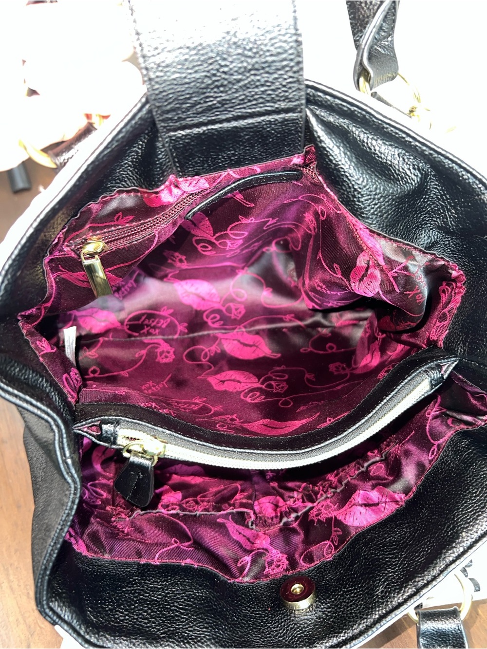Betsey Johnson Pink and Black Quilted Satchel with Striped Bow - Picture 5 of 9